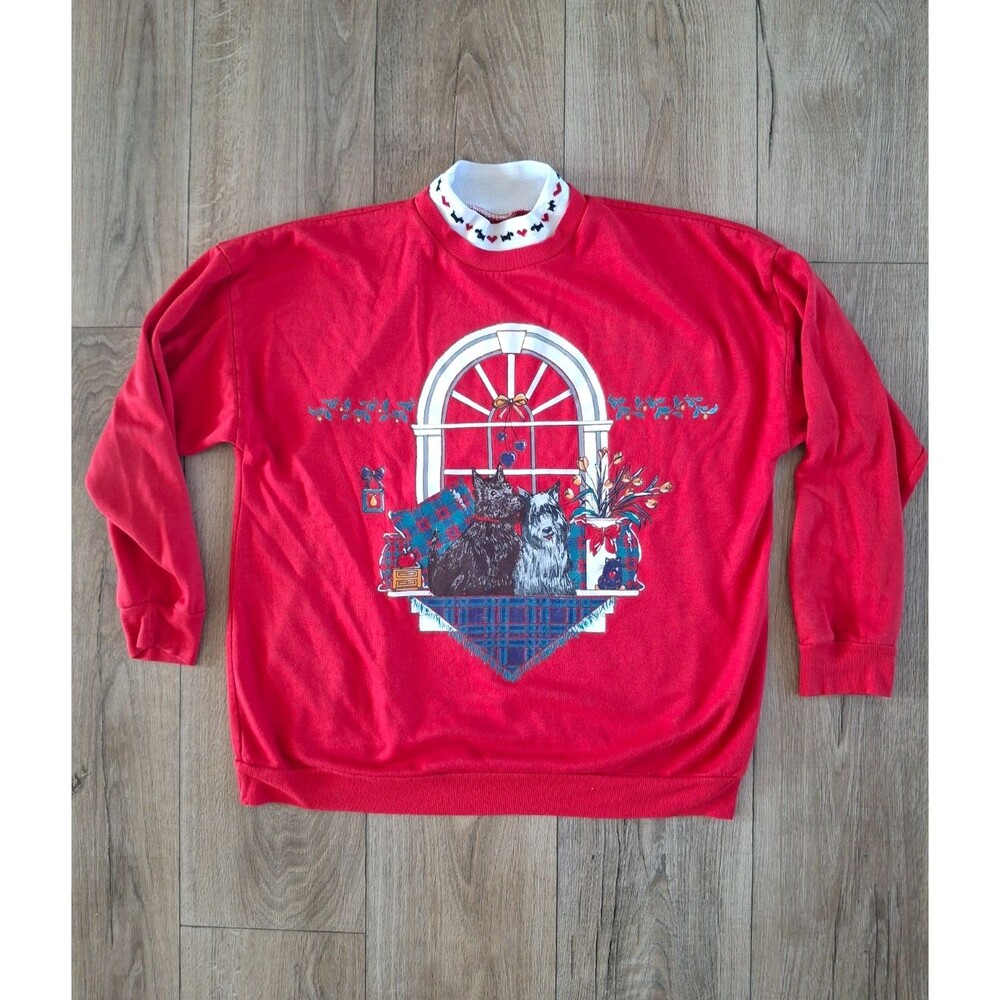 Vintage Scottish Terrier Dog Red Christmas Crewneck Sweatshirt Sweater Adult XL